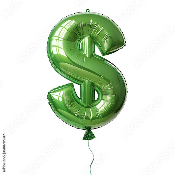 Fototapeta Green Dollar Sign Balloon: A vibrant, green balloon shaped like a dollar sign floats weightlessly, symbolizing financial concepts, profit, and market dynamics.