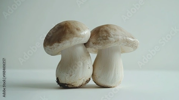 Fototapeta Three fresh shiitake mushrooms are displayed against a white background.