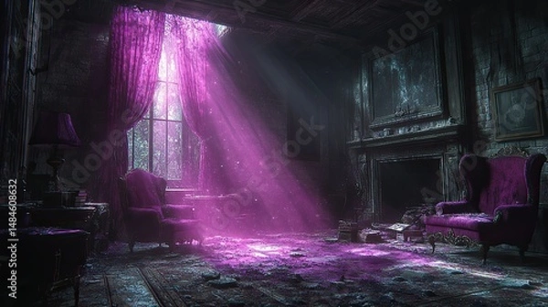 Obraz Amethyst dust sparkles in a beam of moonlight, illuminating a forgotten attic filled with antique furniture, cobwebs hang like delicate curtains, a sense of nostalgia and faded grandeur