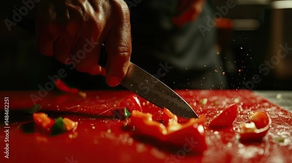 Fototapeta A close-up image of hands chopping red onions on a bright red cutting board.