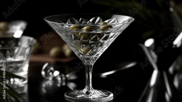 Fototapeta A close-up of a martini glass filled with clear liquid, featuring three green olives garnished with a toothpick.