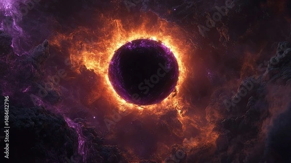 Fototapeta A dramatic solar eclipse is depicted, with a solid black silhouette of the moon perfectly aligned in front of the sun.