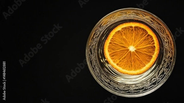 Fototapeta A dark, elegant martini glass filled with a rich, dark beverage, highlighted by a twist of orange peel perched on the rim.