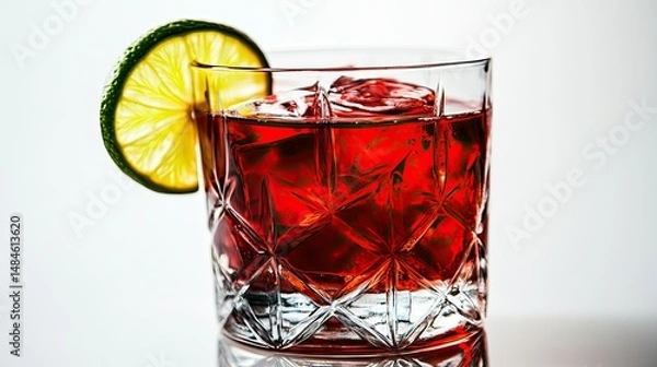 Fototapeta A short cocktail glass filled with vibrant red liquid and ice cubes, garnished with a lime wedge.