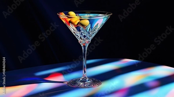 Fototapeta Close-up of a martini glass filled with a clear cocktail, featuring two green olives with red pits at the bottom.