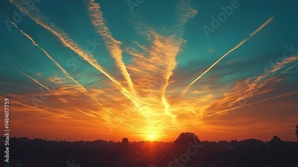 Obraz Azure skies are filled with the contrails of passing airplanes