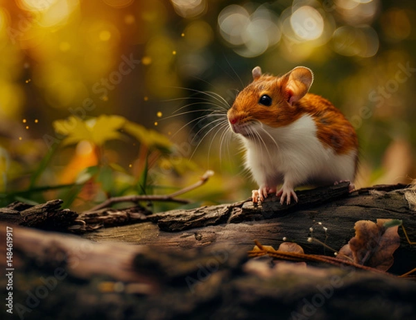 Obraz Cute brown hamster standing on forest log with natural green background and adorable animal pose