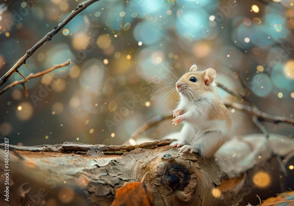 Obraz Tiny adorable hamster on forest log captured in white natural setting with green foliage