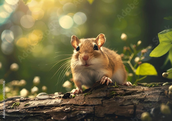 Obraz Cute hamster standing on a forest log with nature scenery in white themed background