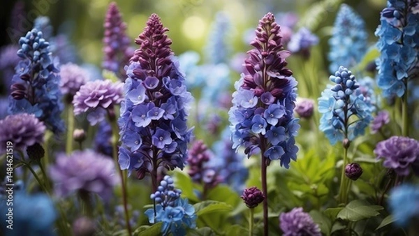 Obraz Delphinium Flower Field – Vibrant Blue and Purple Blooms in Summer Garden