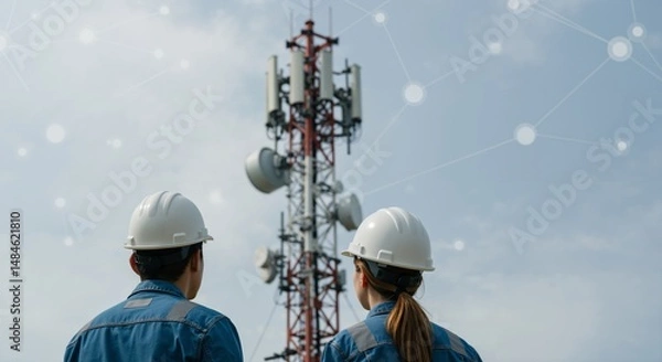 Fototapeta Two diverse engineers, a man and a woman, wearing white hard hats and blue work shirts, inspect a tall telecommunications tower against a cloudy sky with network graphics.