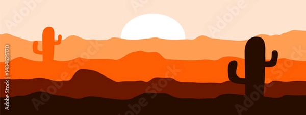 Fototapeta Sunset desert with cactus landscape terrain. Cartoon flat design background vector illustration. Design for banner or social media template.