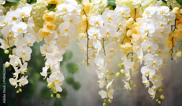 Obraz Beautiful hanging orchids with white background for floral decoration and botanical wallpaper