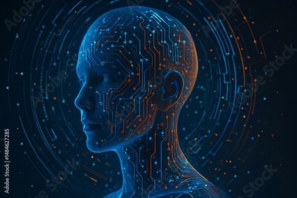 Fototapeta Surreal Tech Portrait: Man and Machine Fusion