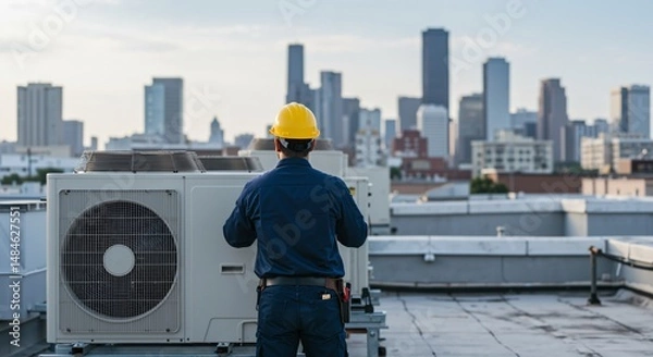 Fototapeta Rear view of a male HVAC technician in a yellow hard hat and blue uniform servicing an air conditioning unit on a city rooftop with a blurred urban skyline in the background.