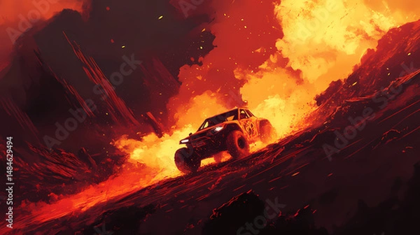 Obraz Off-road buggy driving through fire and mud. [Volcanic Temples] | Radiant Ash | burning dust. Illustration