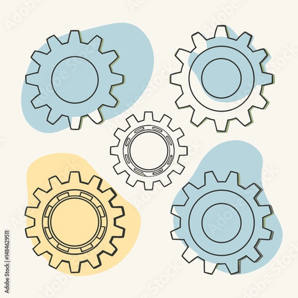 Fototapeta Collection of gear illustrations with abstract shapes in soft colors