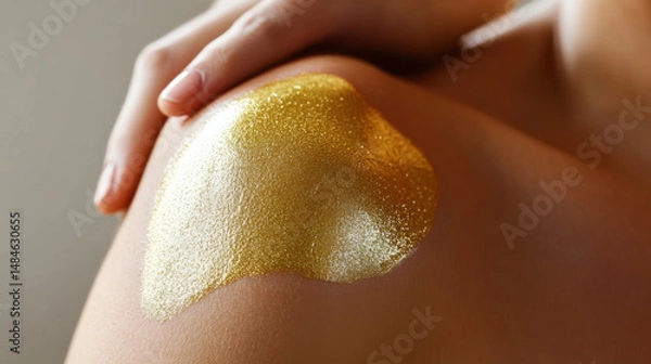 Fototapeta A close-up of a shoulder adorned with shimmering gold body paint, highlighting beauty and elegance.