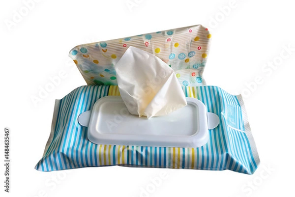 Obraz A close up of a pack of baby wipes with a white wipe sticking out on a black background image