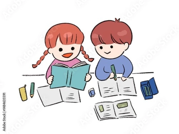 Fototapeta 教科書で調べながら相談して問題を解く生徒