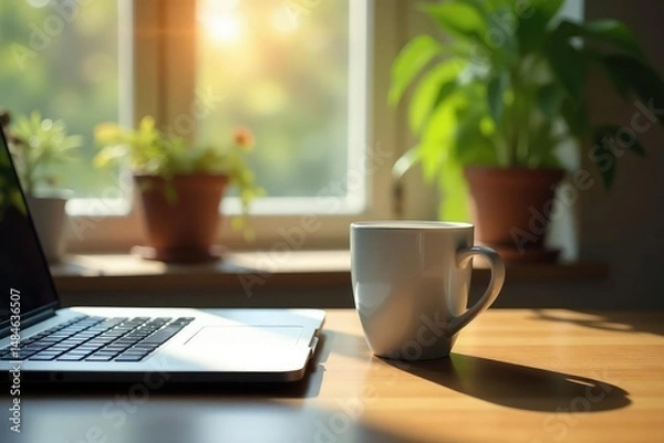 Fototapeta Empty coffee mug, laptop, plants, window view, simple, nature view, light
