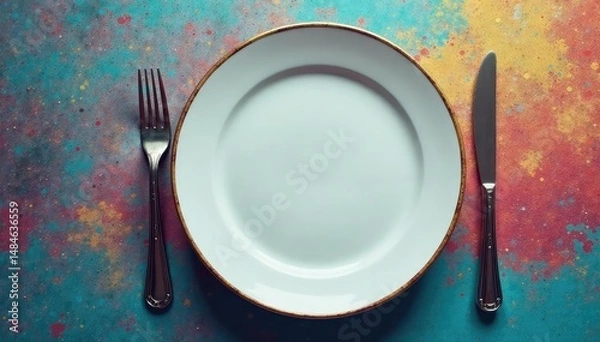 Fototapeta Empty plate with clock, signifying time restriction, clean eating, intermittent fasting