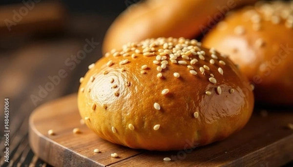 Fototapeta Golden brown sesame seed bun, perfect texture, bread, texture, image