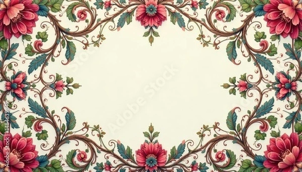 Fototapeta Intricate floral damask, elegant swirls & vines , pink, repeat