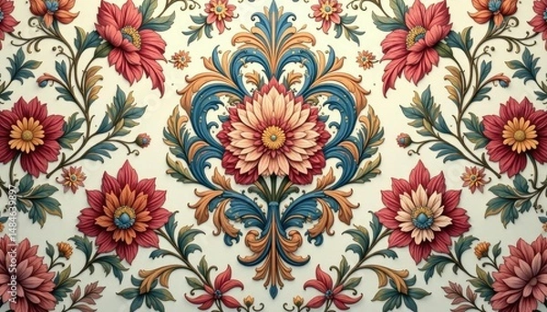 Fototapeta Intricate floral damask pattern in muted tones, graphics, ornate, repeat