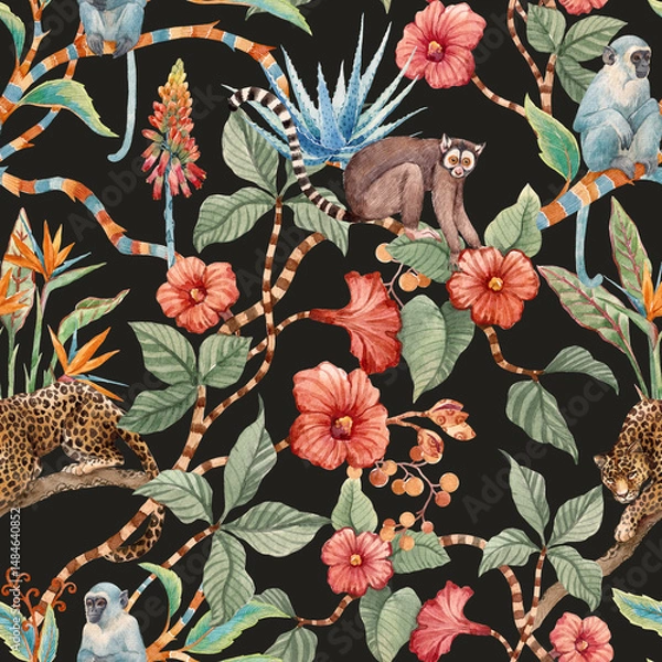 Fototapeta Tropical Jungle Pattern with Exotic Animals and Flowers , Watercolor hand drawn Illustration
