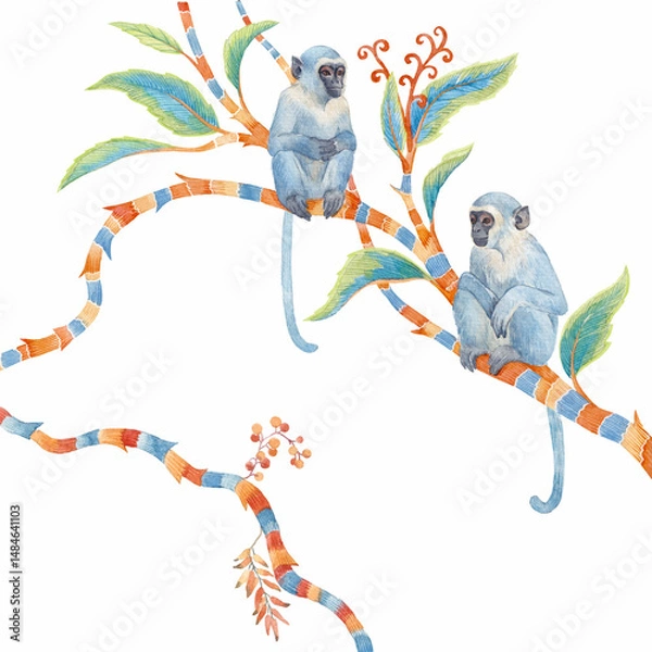 Obraz Cute hand drawn Watercolor Monkeys on Colorful Tree Branches