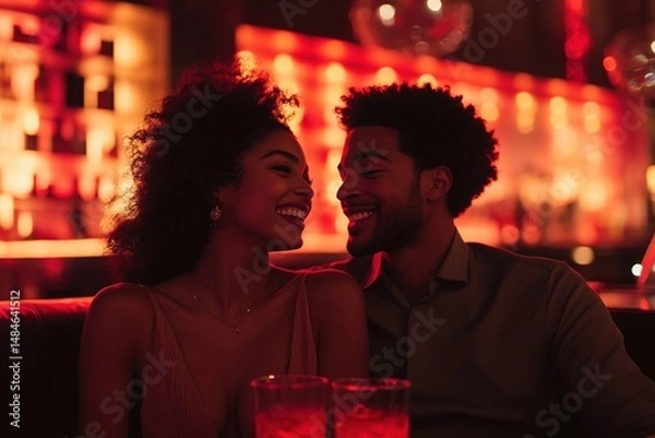 Fototapeta Romantic couple enjoying drinks in a vibrant bar with glowing lights and lively atmosphere