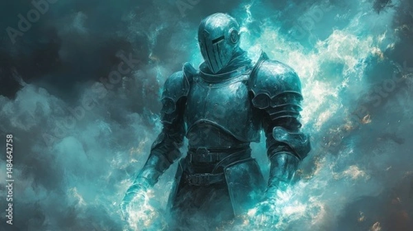 Fototapeta Powerful armored figure radiating energy