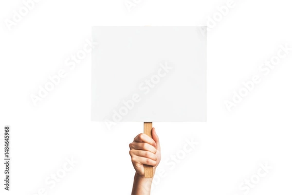Obraz Hand holding a blank white sign on a wooden stick on transparent background