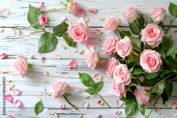 Obraz Birthday Celebration Image with Pink Roses and Rustic Wooden Background for Greeting Card Use