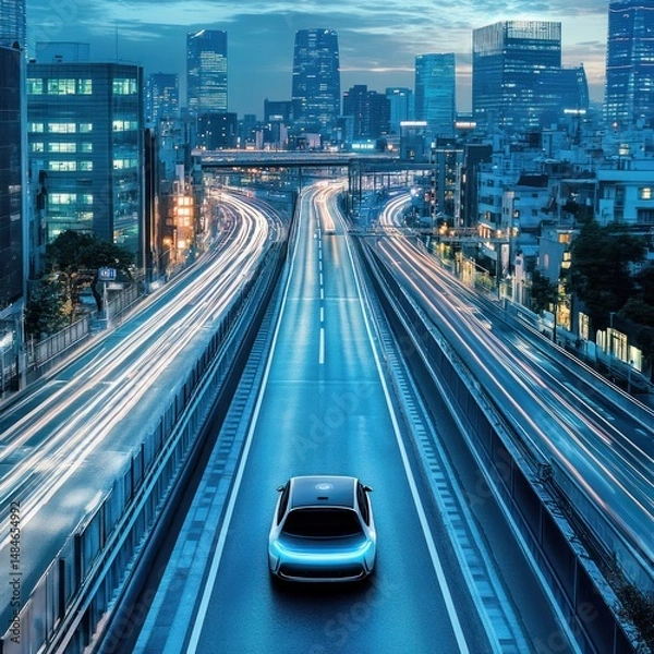 Fototapeta Autonomous electric vehicle driving on a highway at night in a futuristic city.
