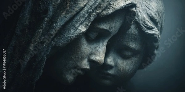 Fototapeta Contemplative Stone Sculpture: A poignant depiction of two figures, carved from stone, lost in quiet contemplation, evokes a sense of peace and introspection. The figures, possibly mother and child.