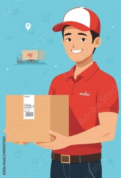 Fototapeta Happy Delivery Man Holding Package, Fast and Reliable Shipping Service