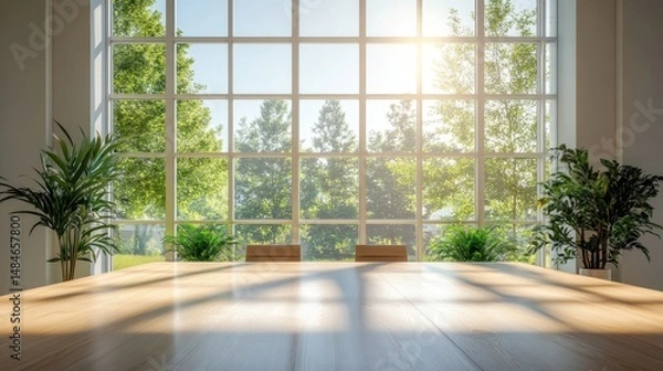 Fototapeta Bright office with large windows overlooks lush green trees in summer. Use for background or promote eco-friendly office spaces.