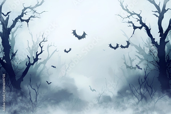 Obraz Foggy Halloween Forest Background with Flying Bats and Creepy Haunted Ambience