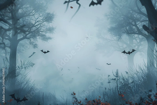 Obraz Creepy Halloween Background of Foggy Forest with Shadows and Flying Bats at Night