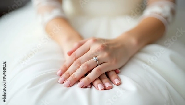 Obraz Elegant Bride's Hands with Diamond Engagement Ring A Symbol of Love and Commitment