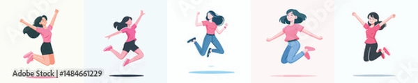 Obraz Vector illustration of a woman in pink dress very happy and jumping.
