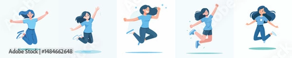 Obraz A woman in blue is jumping happily. Vector illustration