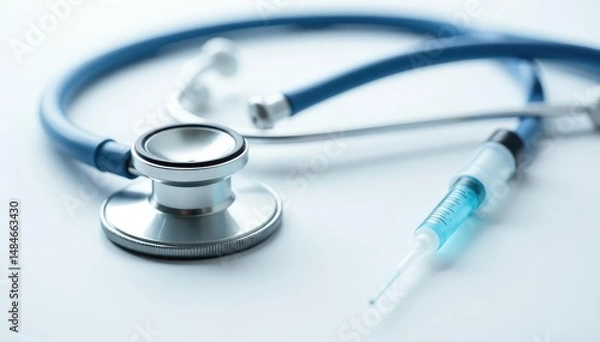 Fototapeta Close-up of veterinary stethoscope & syringe on white, medical, animal care, animal