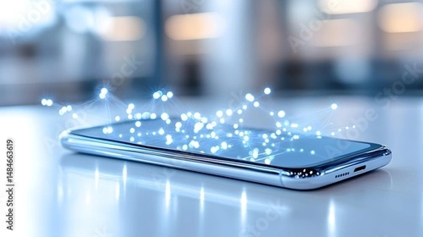 Obraz A smartphone lies on a white surface, with glowing blue dots and lines emanating from it