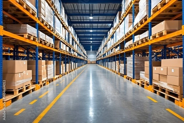 Fototapeta A spacious warehouse aisle with rows of high shelves filled with cardboard boxes on pallets, illuminated by overhead lights