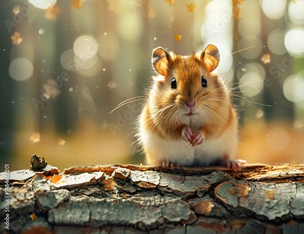 Obraz Curious Hamster Standing on Forest Log Surrounded by Natural Woodland Environment