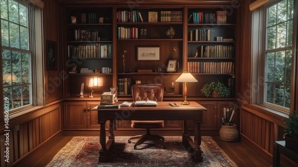 Fototapeta Classic study with wood desk, bookcases, and warm lighting