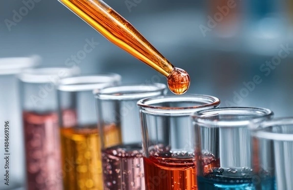 Fototapeta Pipette adding fluid to one of several test tubes. High quality